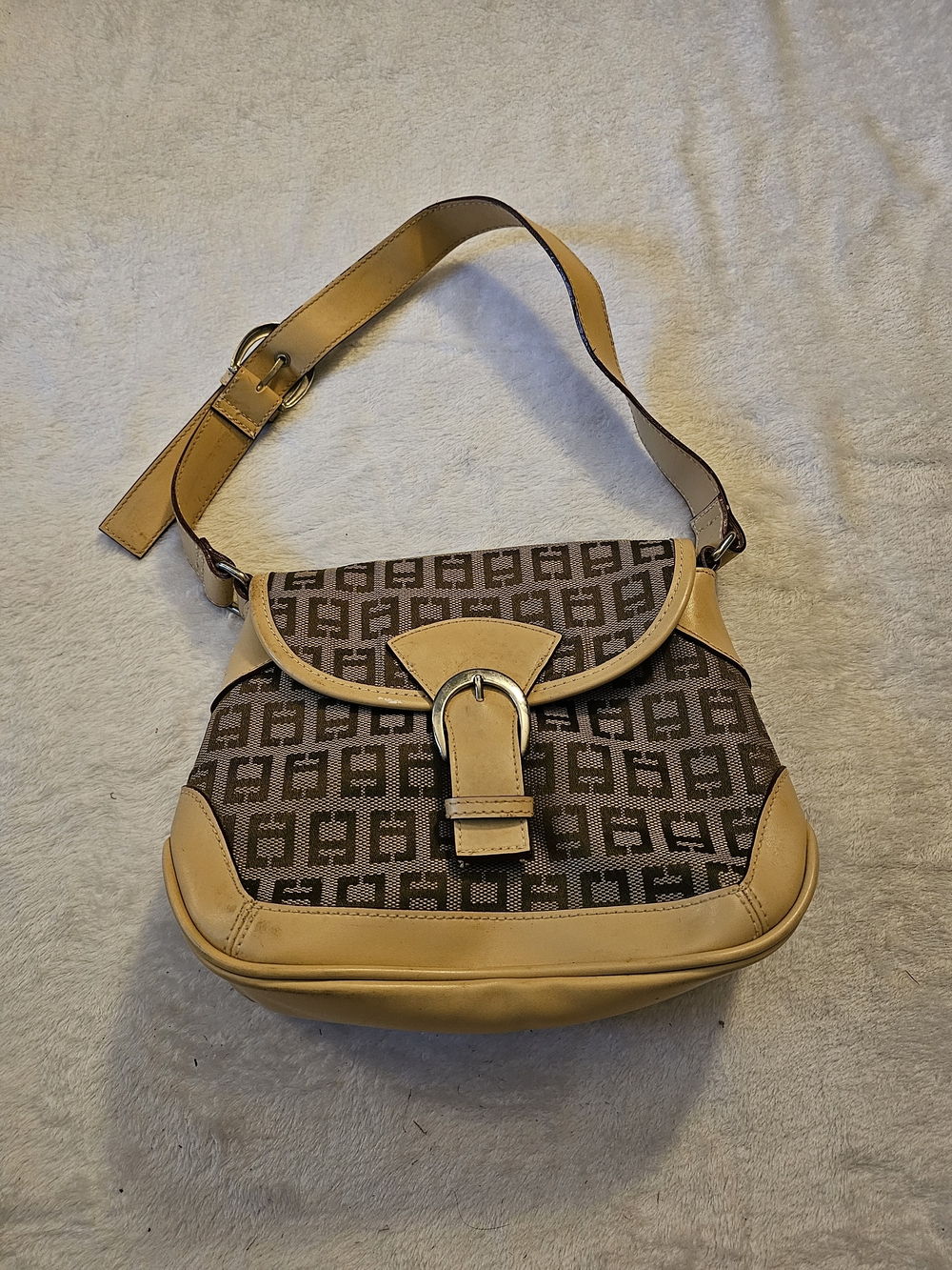 Brown Patterned Shoulder Bag with Tan Trim